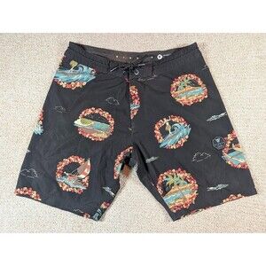 Vissla 20" Boardshorts Size 32 Hula Surf Aloha Floral Coconut Stretch Black